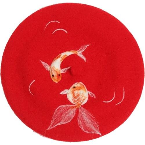 Women Beret Caps for Ladies Harajuku Headdress Hat Fashion Goldfish Wool Red Berets Handmade Wool Felt Solid Autumn Winter Hats