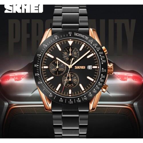 Official Brand SKMEI Mens Watches Fashion Business Dress Quartz Watch Luxury Stopwatch Calendar Wristwatch Mens Full Steel Hour