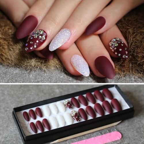 Black box Stiletto Matte Burgundy glitter crystal fake nails Artistic shape diamonds false nails spread out white silver