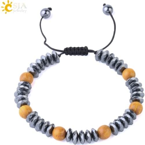CSJA Unisex Energy Bracelet Natural Stone Hematite Mixed Wooden Beads Braided Bracelets Women Men Resizable Balance Bangles F803