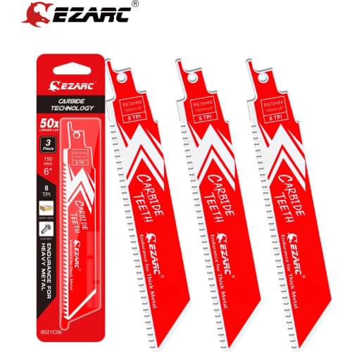 EZARC 3Pcs Carbide Reciprocating Saw Blade R678HM Endurance for Thick Metal, Cast Iron, Alloy Steel 6-Inch 8TPI, 3-Pack
