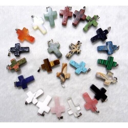 Natural stone cross shape Quartz Crystal aventurine Opal Turquoises lapis charms pendant for diy Jewelry making necklaces