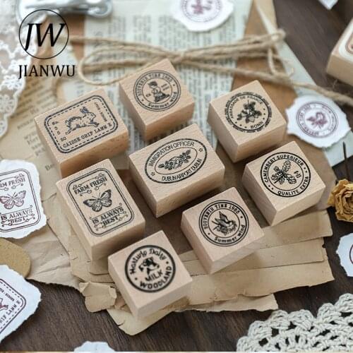 JIANWU Beech Wood Rubber Stamp Simple Pattern Scrapbooking Diary Photo Album Decoration Material Seal Kawaii Stationery Supplies