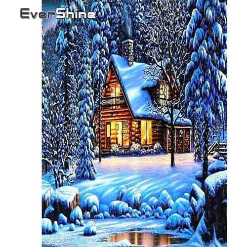 EverShine Full Drill Square Diamond Embroidery Landscape Picture Of Rhinestones Diamond Painting Winter House Art Decor For Home