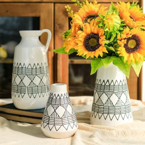 Ceramic Flower Pot Vase Retro Geometric Pattern Floral Flower Arrangement Nordic Decorative Ornament Art Style