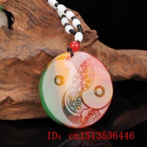 Fashion Colorful Jade Taiji Bagua Pendant Necklace Jewellery Chinese Hand-Carved Relax Healing Women Man Luck Gift Free Rope