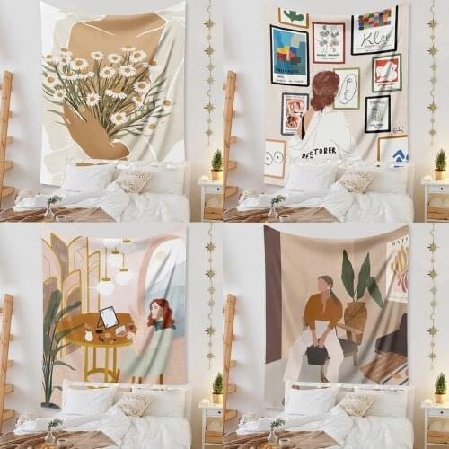 Morandi Art Tapestry Wall Hanging Anime Girl Leaves Sun Abstract Landscape Boho House Decor Wall Decor Blanket Bohemian Curtains