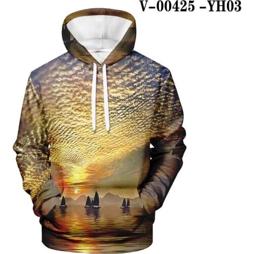 3D Beach Sunset Color Printing And Fleece Hooded Cosplay Male Pattern Jacket