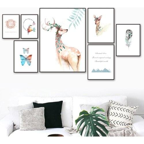 Elk Sika Deer Feather Butterfly Animals Wall Art Canvas Painting Nordic Posters And Prints Wall Pictures For Living Room Decor