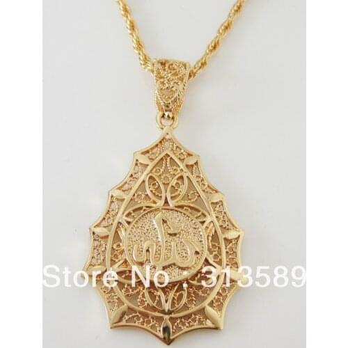 Foromance YELLOW GOLD GP COLOR OVERLAY 24" ROPE NECKLACE&MUSLIM ALLAH GOD WATER DROP SHAPED PENDANT EP/Great Money Maker