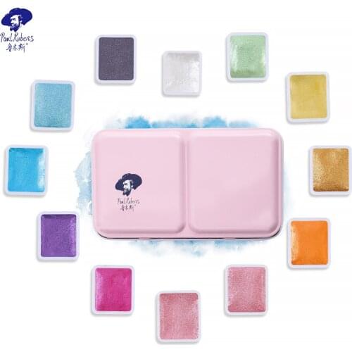 Paul Rubens Glitter Solid Watercolor Paint Set 12 Colors Pink Box for Artists
