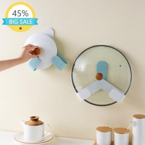 Self Adhesive Pot Lid Rack Holder Wall-mounted Pan Cover Racks Hanging Pan Cover Punch-free Rotatable Design Adjustable Angle