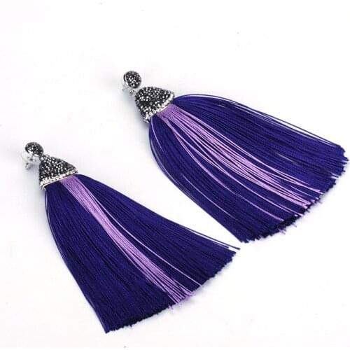 Boho Rhinestone Studs Charm Purple Lilac Indigo Layers Shaded Color Silk Thread Extra Long Big Tassel Dangle Earring for Women