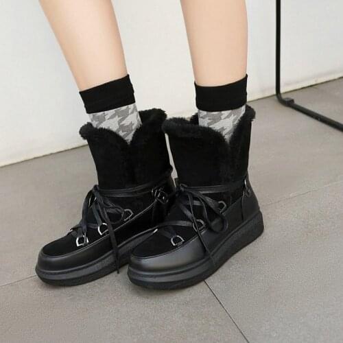 Sianie Tianie Russia Western Winter Warm Plush Fur Inside Platform Flats Womans Shoes Cross-tied Women Snow Boots Size 34-43