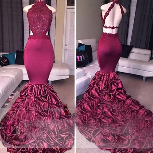 Blue Red Burgundy Girls Sexy Mermaid Evening Dresses Long High Neck Prom Dress Lace Backless Ruffles Beads Vestidos de Noche