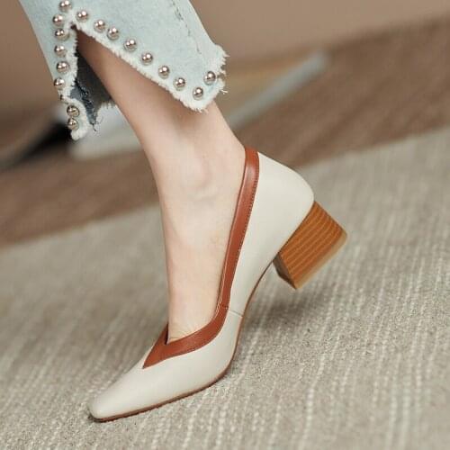 ROYESIC 2021 womens shoes, high heel, natural sheepskin, retro, square head, handmade