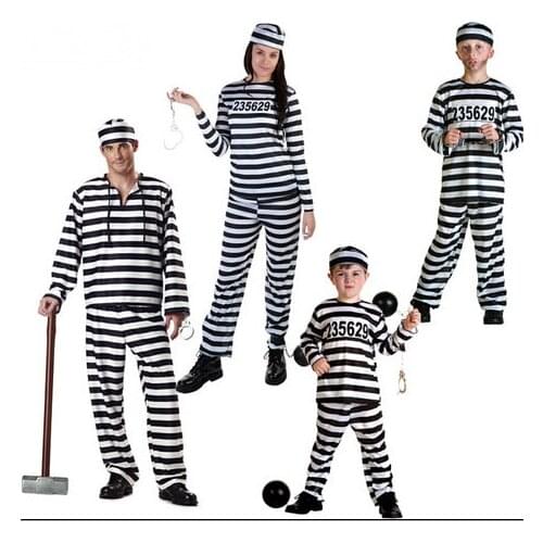 Superior quality Prison Uniform Costume children Adults Couples Prison Uniform Streak Costume Halloween Cosplay Party Clothing