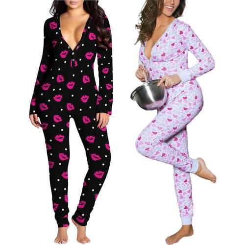 Women Spring and Autumn Casual Pajamas Lip Print Pajamas Long Sleeve V-Neck Loose Detachable C Elastic Homewear S--XXL