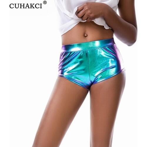 CUHAKCI Sexy Shorts Women Shiny Summer Nightwear Clothes Middle Waist Mini Shorts Gold Silver Polyester Bottoms Street Clubwear