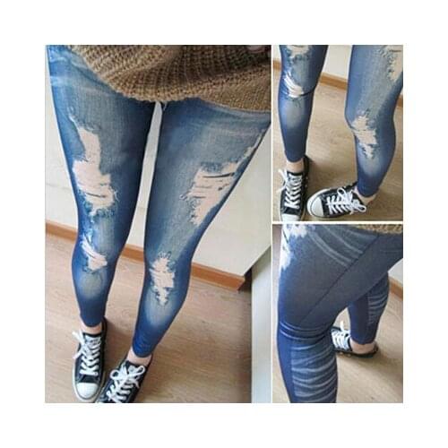 Women Fashions Destroyed Leggings Jeans Look Jeggings Stretch Skinny Laddy Jeans Black/Blue Leggings New