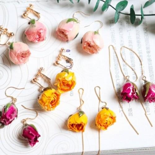 Women Natural Dried Flower Earrings Imitation Colors Rose Drop Earring Party Real Dry Flower Jewelry
