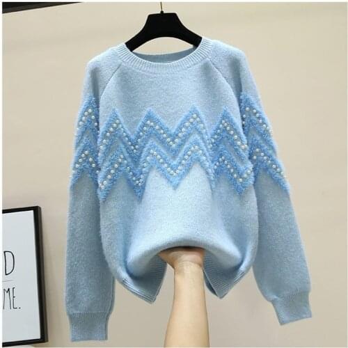 Beaded pullover sweater women 2021 new autumn and winter fashion Korean loose long-sleeved round neck knitted pullover top
