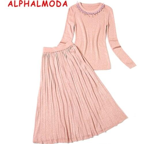 ALPHALMODA 2017 Winter Women Sweet Beaded Sweater Skirt Suits Beaded Collar Shining Fashion Jumper Pleated Skirt Sets