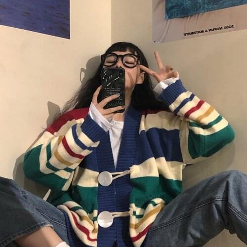 Womens sweatshirt Korean Style y2k V-neck Short Knitted stripes Sweaters Womens coat Over Size Harajuku long Sleeve Crop Top