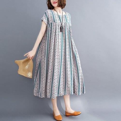 Oversized Women Vintage Print Long Dress New 2021 Summer Simple Style Loose Comfortable Female Cotton Casual Dresses S2900