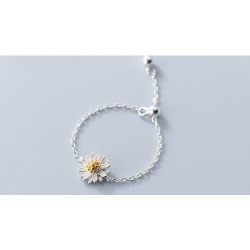 MloveAcc Real 925 Sterling Silver Fashion Personality Daisy Flower Adjustable Chain Ring for Women Fine Jewelry