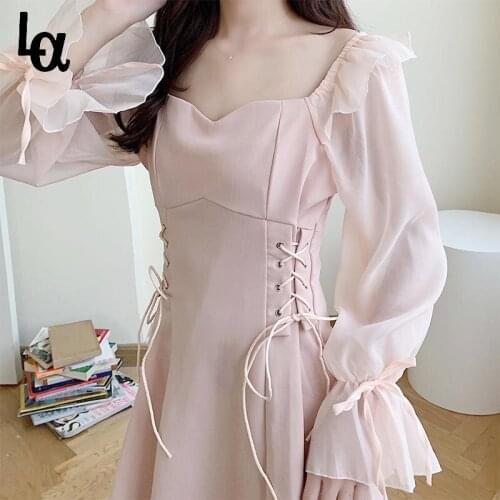 Luck A Korean Solid Sweet Dress Women Elegant Bandage Puff Sleeve Kawaii Dress Outdoor Holiday One-piece Dress Summer 2021 New