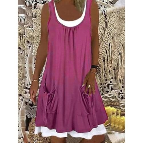 Women Round Neck Pleated Pocket DressSummer Dress Female Casual Knee-length Sleeveless Dresses Loose New Ladies Clothes