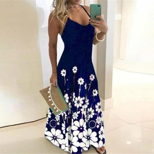 Plus Size Spaghetti Strap Sexy Dress Women Summer V Neck Boho Beach Floral Print Maxi Dress Casual Loose Long Dress Robe Vestido