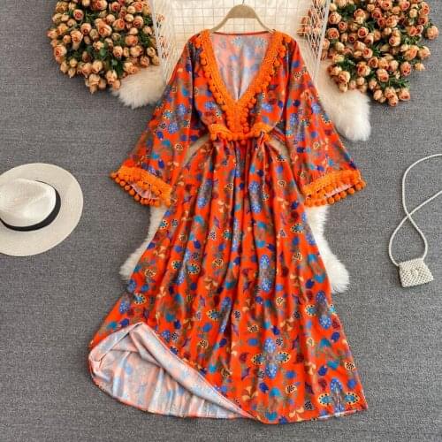 Aibeautyer New Summer A Line V Neck Chiffon Pullover Lady Full Dress Casual Floral Print Mid-Calf Women Medium Dresses