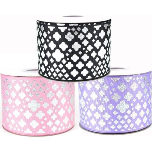 50yards 75mm hologram silver foil quatrefoil Grosgrain Ribbon For DIY Accessories Welcome Custom printed