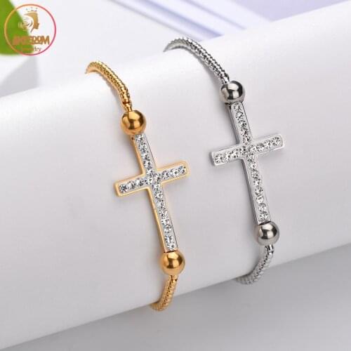 Akizoom Fashion Stainless Steel Diamond Cross Bracelets Square Pearl Chain Bangles Adjustable For Women Jewelry Birthday Gift