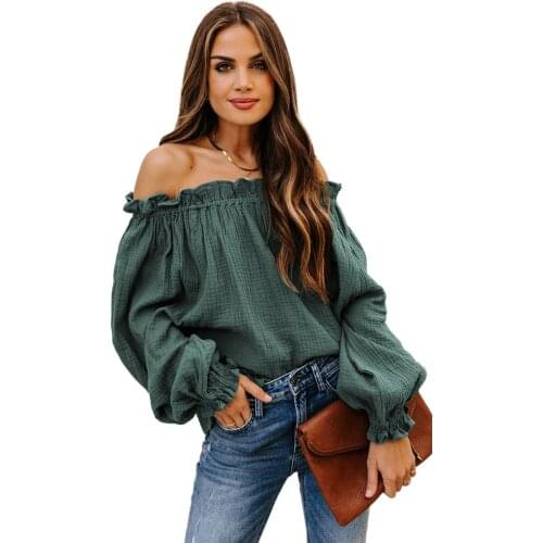 Green Off-the-shoulder Ruffle Top Blouse Vintage Blusa 2021 Spring Autumn Solid Slim Fashion Tops Lady Blouses Casual Tops