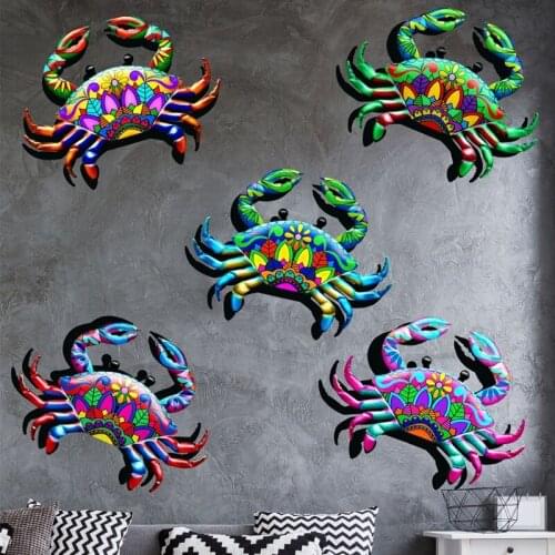 Large Metal Crab Wall Art Decoration Colorful Wrought Iron Sea Life Sculpture Statues Garden Hanging Ornament for Balcony