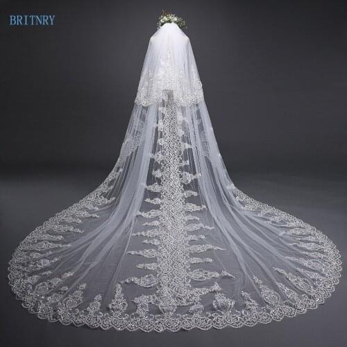 BRITNRY 2018 New Arrival Ivory Wedding Veil with Comb Lace Sequins High Quality Bridal Veil Two Layer Blusher Veil