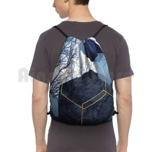 Geometric Landscape Backpack Drawstring Bags Gym Bag Waterproof Geometrical Geometric Geo Geometric Blue Navy Grey Dark