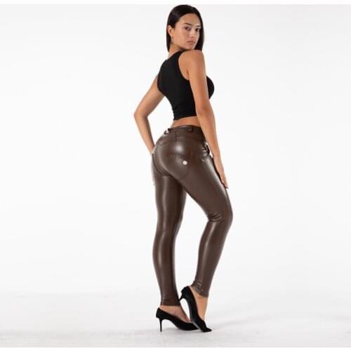 Shascullfites Melody Brown Leather Skinny Pants Brown Stretch Pu Trousers Fleece Lined Bum Lift Jeggings Buttons Fly