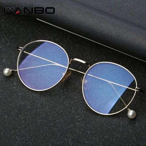 LANBO Korea Small Pearl Leg Round Glasses Frame Anti Blue Ray Computer Glasses Retro Metal Eyeglasses Frame Goggles Brand 8709