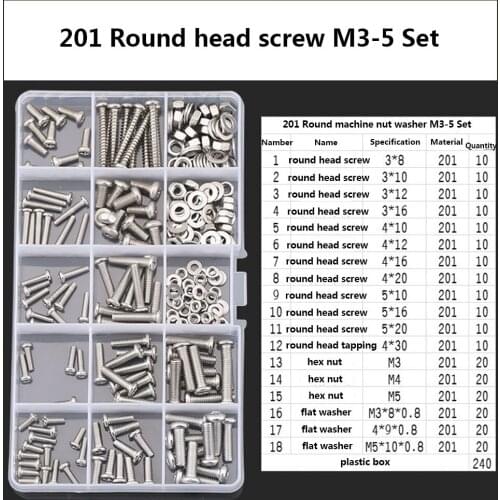 LANEJOY DIY Box Round Head Screws8-30mm, M3M4M5Hex Nuts,Flat Washer,201 Stainless steel Round Head Screw M3-5 Set 240 psc