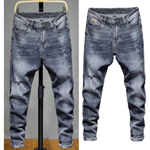 Fashionable Mens Ripped Slim Feet Pants Spring and Summer Stretch denim Jeans Feet Pants Jeans