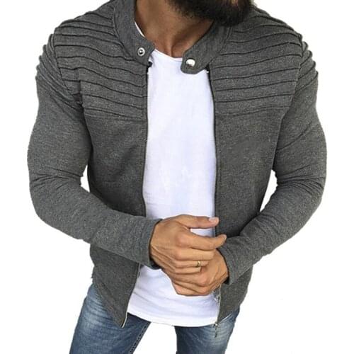Mens Autumn Pleats Slim Stripe Fit Jacket Zipper Long Sleeve Coat Cardigan Coat Sports Casual Men Jacket