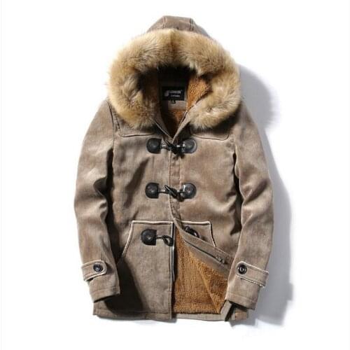 Fall/winter Fur Collar Horns Buckle Deer Velvet Leather Cotton-Padded Jacket Mens Mid-length Slim Thick Warmth Outwear