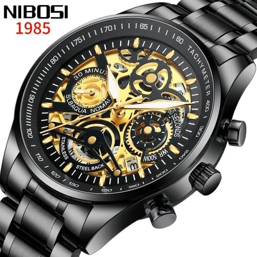 Relogio Masculino NIBOSI Skeleton Mens Watches Top Brand Luxury Wristwatches for Men Waterproof Business Gold Handsome Clock