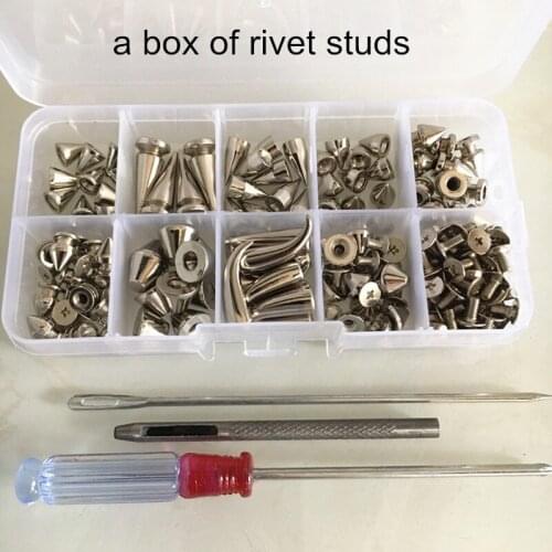 A box of Spike Rivet Studs With Tools,Mix Styles Silver Metal Rivet For Leather Crafts,Screw In Repair Stud Rivets For Clothing
