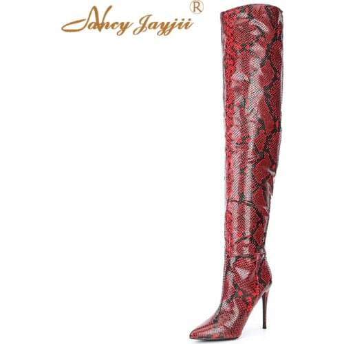 Over The Knee Red Yellow Pointed Toe Thin High Heels Boots Snakeskin Women Shoes Casual Famous Winter NANCYJAYJII Size 14 15 16