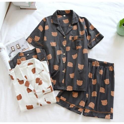 New Summer Couple Cotton Pajamas Two-Piece Thin Short-Sleeved Shorts Ladies Knitted Cartoon Bear Home Wear Set Mens Pajama Suit